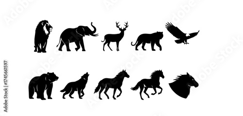 Diverse wildlife collection featuring silhouettes of a lion elephant deer tiger eagle bear wolf horses showcasing nature's beauty in a minimalist design