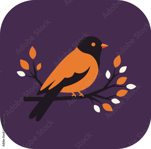 Bright orange bird with black head and wings perched on a branch with orange and white leaves