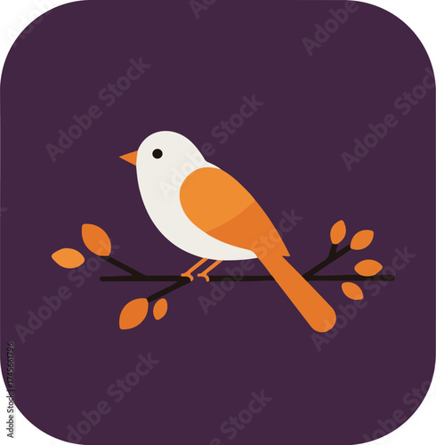 Stylized flat design illustration of a white bird with orange wings perched on a dark brown branch with orange leaves