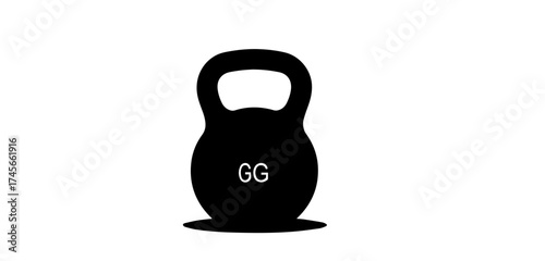 Black kettlebell with "GG" displayed in the center against a white background perfect for fitness enthusiasts and gym advertising and workout motivation