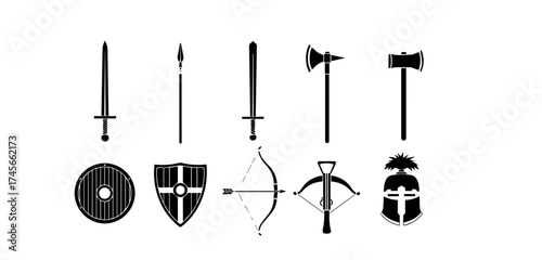 Collection of medieval weapons including swords spears axes shields bows crossbows and a helmet displayed in a simple black and white vector illustration