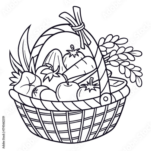 Black and white illustration of a basket filled with fresh produce