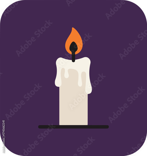 Single white candle with orange flame on dark purple background