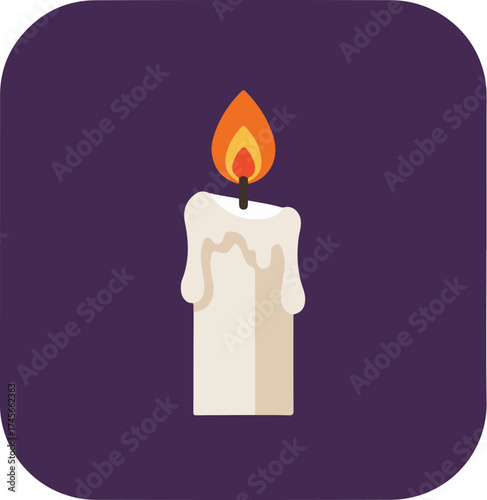 Single white candle with bright orange flame on dark purple background