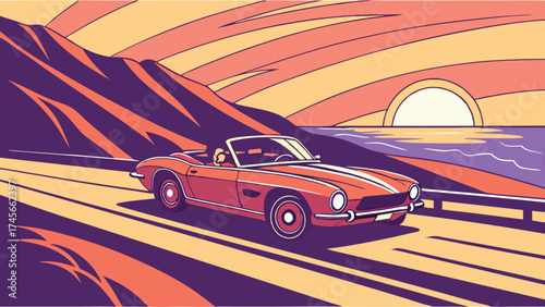 Vintage convertible cruising scenic coastal highway at sunset, evokes freedom and adventure, perfect for travel or lifestyle content, vector art