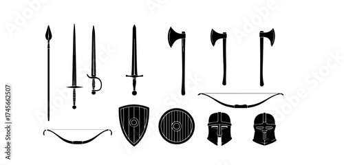 Collection of medieval weaponry including swords axes shields helmets bows and spears in a black and white vector illustration for historical designs