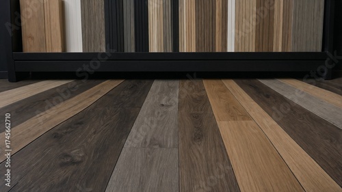 Organized display of a large assortment of wood laminate and luxury vinyl flooring samples in various colors for an interior design catalog or showroom.

