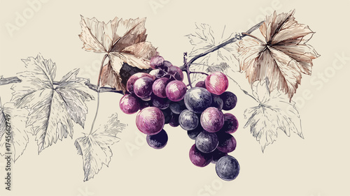 Closeup Illustration of Grapes, Leaves, and Branches for Fine Art Prints and Design Projects