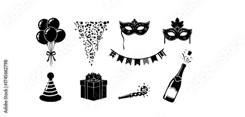 Festive celebration elements featuring balloons confetti masks a party hat a gift box a noisemaker and a champagne bottle perfect for event designs