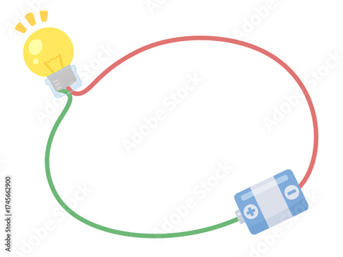 ソケットを付けた豆電球を乾電池につないだイラストのフレーム素材