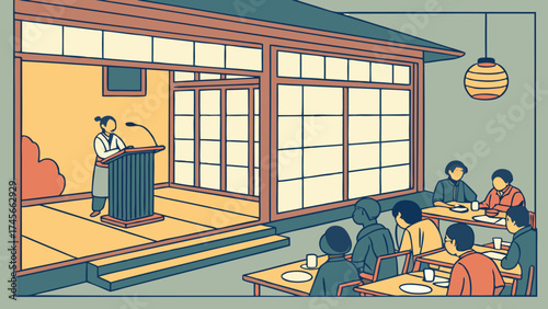 Engaging speech in traditional Japanese setting perfect for cultural events or educational materials, original vector for easy scaling and adaptation