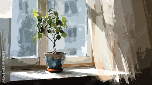 Serene Plant on Window Sill Painting for Interior Designers and Botanical Enthusiasts