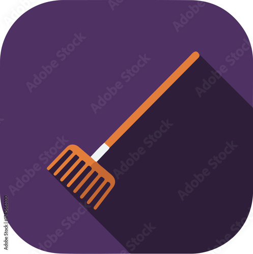 Minimalist rake with orange handle and tines against purple background