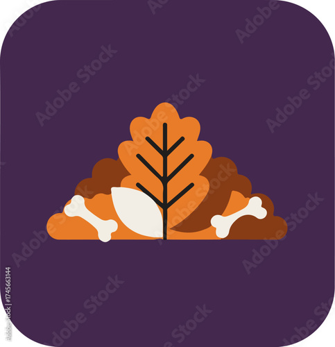 Minimalist autumnal scene with white and brown turkey and orange autumn leaves on deep purple background