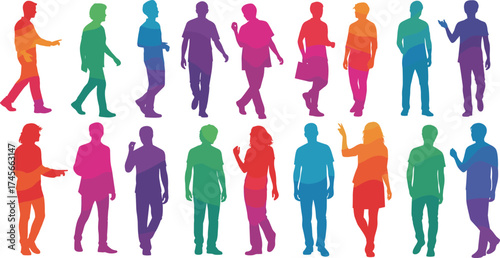 Colorful human silhouettes, gradient people figures, diverse crowd illustration, walking standing gestures, modern lifestyle concept, cad drawing flat vector illustration