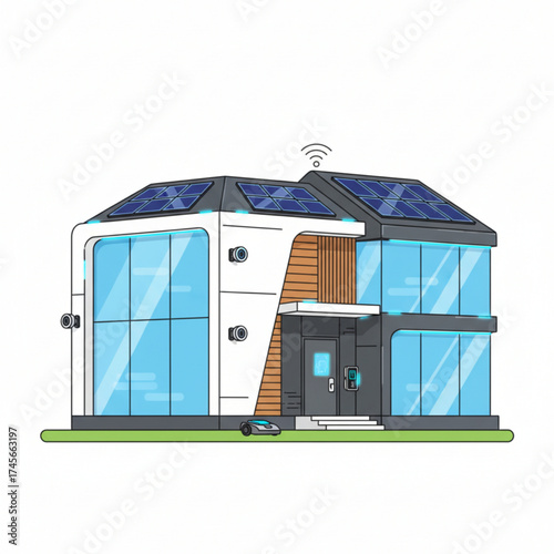 A futuristic smart house with large glass windows, solar panels on the roof, and modern technology for eco-friendly living