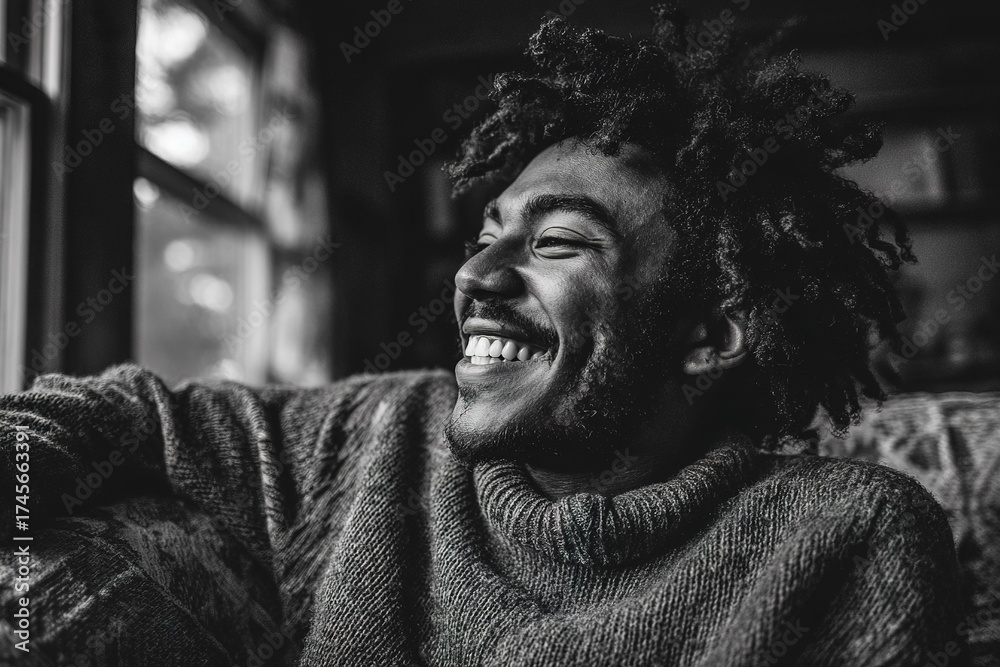 Fototapeta premium Happy young man smiling indoors during a cozy afternoon at home with natural light streaming through the windows