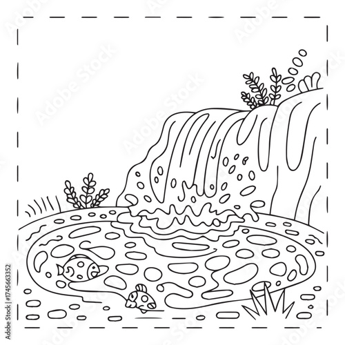 Vector art of a simple black and white line drawing of a waterfall cascading into a pond with two fish swimming in it, surrounded by rocks and plants
