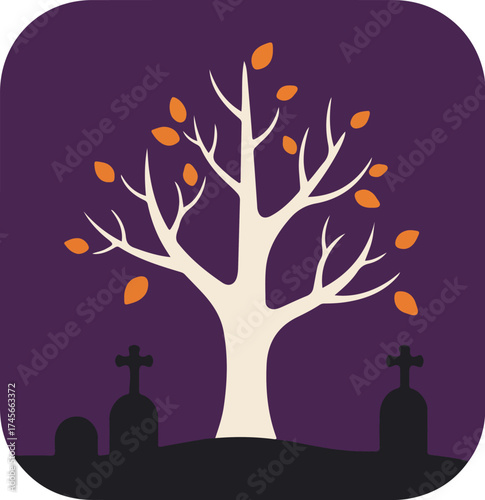 Solitary bare tree with white branches and autumn leaves against a deep purple twilight sky with gravestones in the foreground