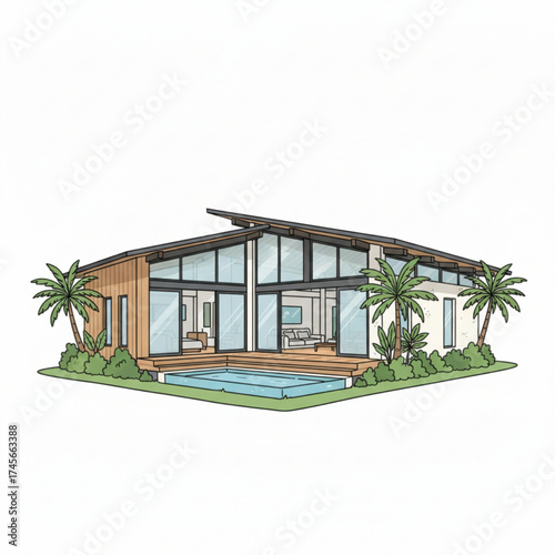 A modern tropical house with large glass windows, a wooden exterior, and a private pool surrounded by palm trees.