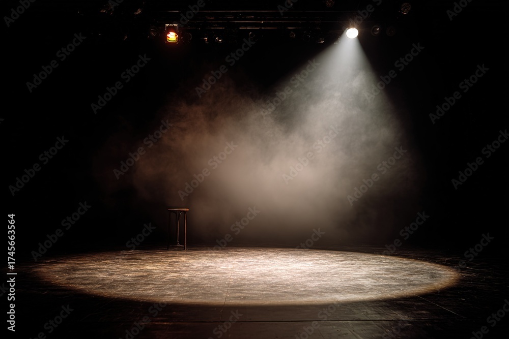 Obraz premium Spotlight on empty stage with smoke indicating a performance about to begin in evening hours