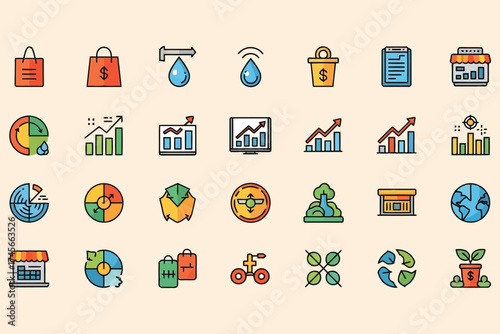 Vector art of a set of business and finance icons in a flat design style, perfect for presentations and infographics