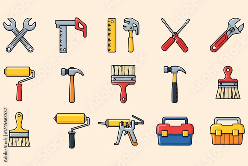 Vector art of various repair and construction tools in a flat design style, perfect for diy and home improvement projects