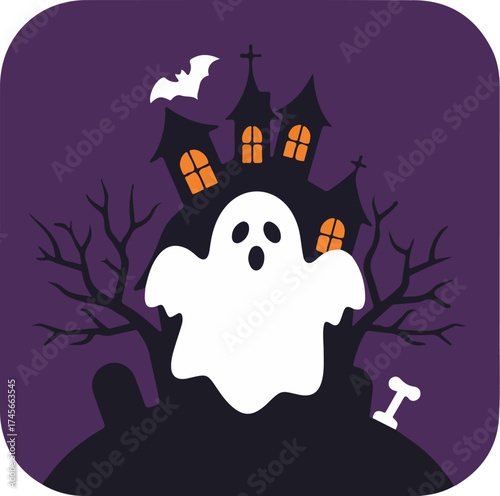 Halloween illustration with ghost, haunted house, and bat on purple background