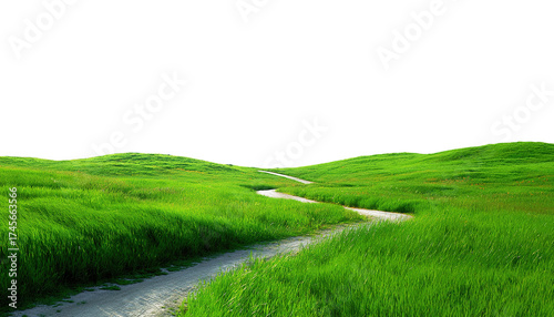 Winding Pathway Through Verdant Green Hills Under a Dark Expanse of Sky transparent background