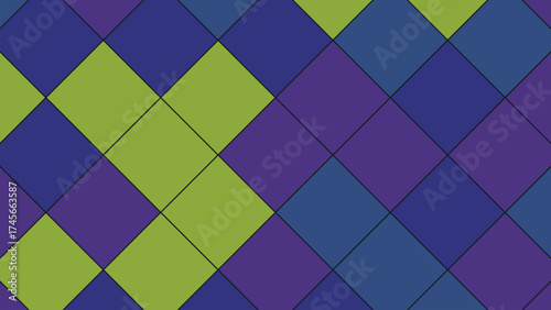 Abstract geometric pattern with diamonds in shades of purple and green