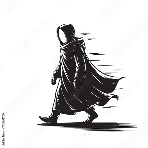 Vector art of a mysterious figure in a dark hooded cloak walks with a sense of urgency