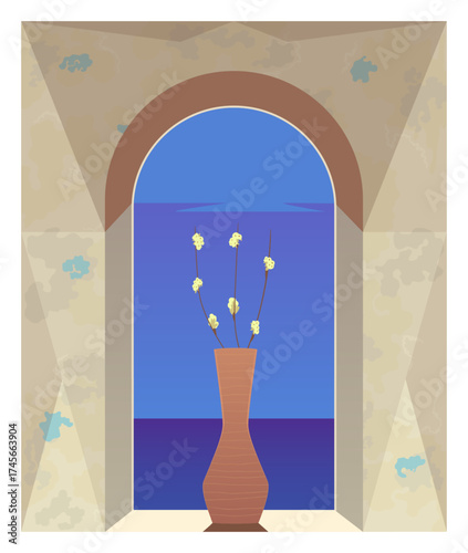 Abstract wall with polygons, an arched window overlooking the sea, and a vase of flowers. Architecture and interior design, boho, art drawing, earthy tones, art design for print. Vector illustration.