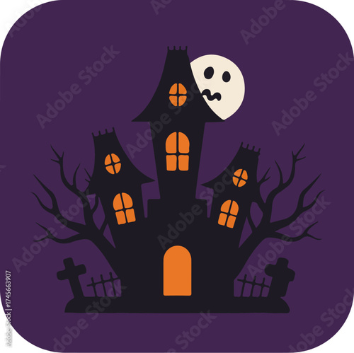 Halloween-themed illustration of a haunted house with glowing windows, leafless trees, and a graveyard under a full moon