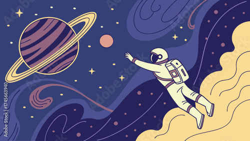 Astronaut floating towards Saturn in vibrant cosmic dreamscape, exploring the universe, reaching for new frontiers, great for space themed projects