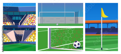 A set of football posters. Stadium and spectator stands, football field, goals and ball, close-up of the goal net, corner flag. Sports infrastructure, sports equipment, vector illustration.