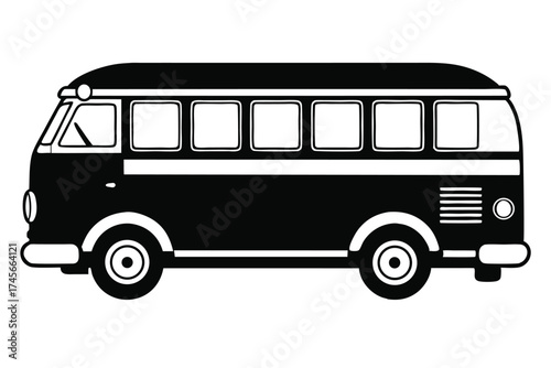 Stylized Black and White Illustration of a Vintage Van with Multiple Square Windows