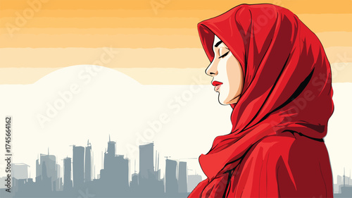 Elegant Woman in Red Hijab with Vibrant Cityscape Background Vector Illustration