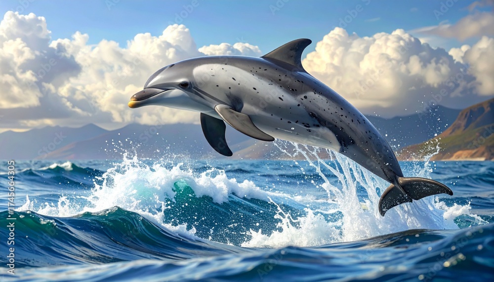 Fototapeta premium A majestic dolphin leaps high out of the blue ocean water.