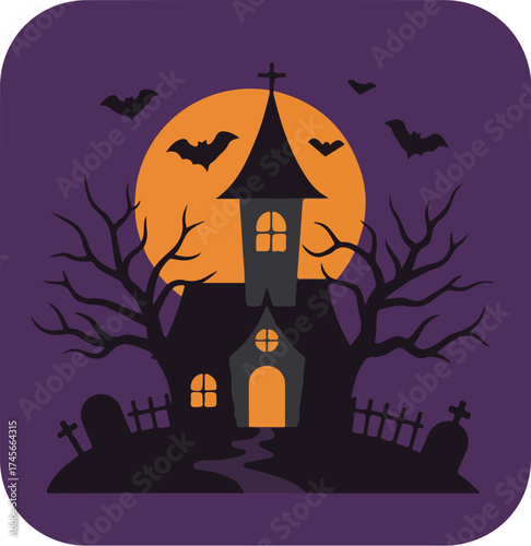 Halloween-themed illustration of a haunted house with a glowing interior, leafless trees, a graveyard, and a moon with bats