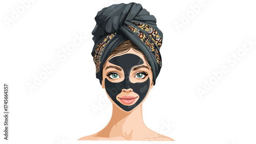 Professional Woman Skincare Routine with Black Mud Mask and Turban for Beauty