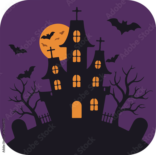 Halloween-themed illustration of a haunted house with turrets and glowing windows against a purple sky with bats and a full moon