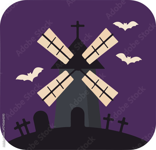 Silhouette of a windmill with gravestones and bats against a deep purple sky