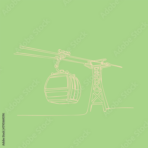 Minimalist outline of a cable car system with a gondola hanging from a tower against a pastel green