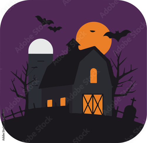 Halloween illustration of a haunted house with a full moon and bats