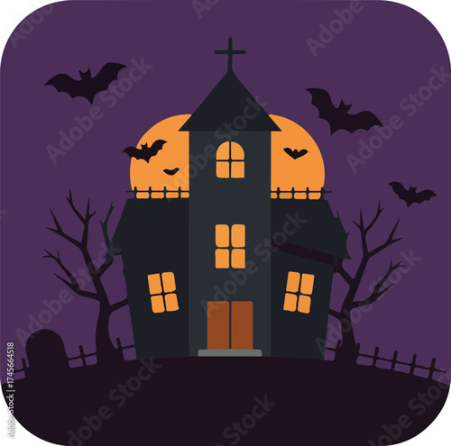 Halloween-themed illustration of a dark green haunted house with glowing orange windows and bats in flight