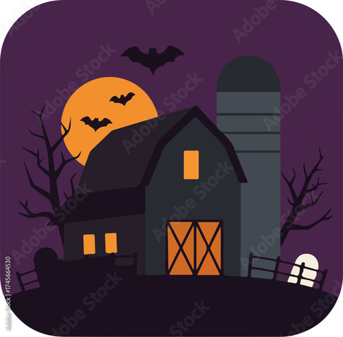 Halloween-themed rural scene with a black barn, orange door, and full moon