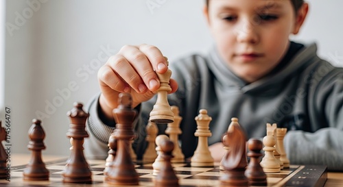 Young boy intensely focused playing a game of chess strategizing his next move on the board