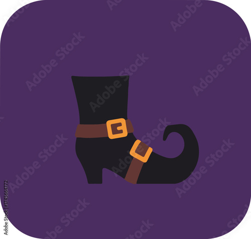 Single witch's boot with black leather, brown straps, and orange buckles on purple background