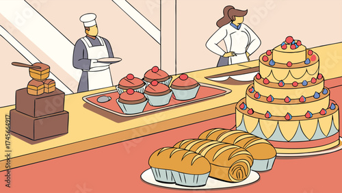 Artisanal bakery boasts fresh bread, cupcakes and multi tiered cake with chefs preparing delicious desserts in a bright, inviting space