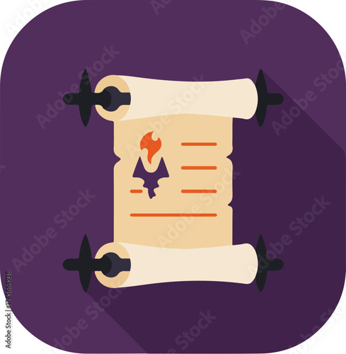 Illustration of a light beige scroll with a red flame on a purple background